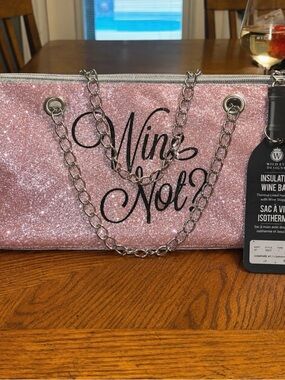 Wine Not? Pink Glitter Tote Bag with Chain Straps